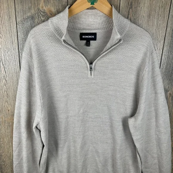 Bonobos Quarter Zip Herringbone Sweater Mens XL Slim Extra Fine Merino Wool Tan - Picture 3 of 7